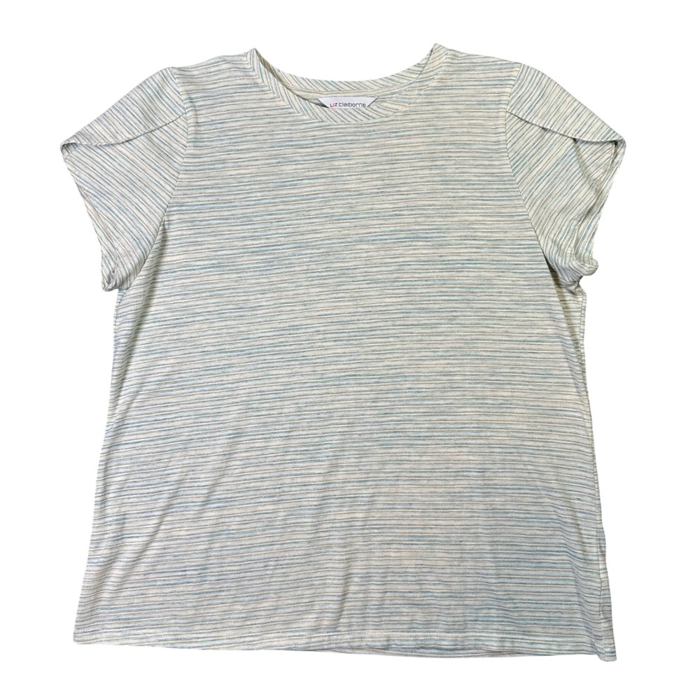Liz Claiborne Striped Metallic Tulip Sleeve Knit Top Blue White Large Minimalist
